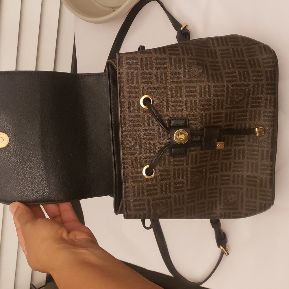 Anne Klein Elegant Black and Brown Mini Backpack Gold Drawstring Snap Closure - Picture 5 of 17